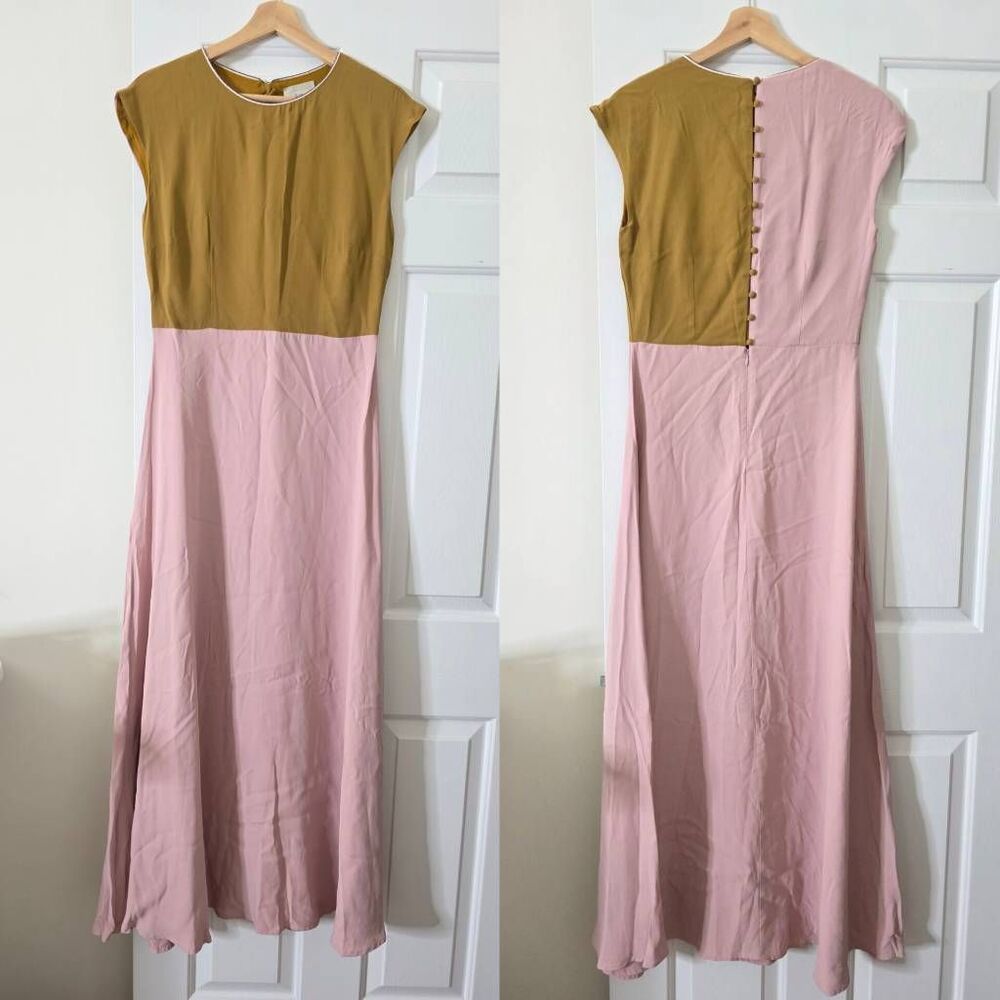 Ottod'Ame Made in Italy Color Block Viscose Maxi Dress Pink Olive Button Back US